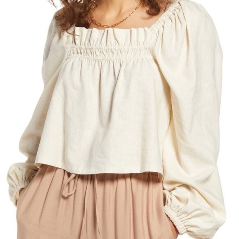 Open Edit Linen Long Sleeve Blouse